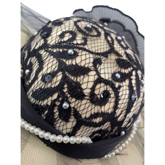 Whittall & Shon Vintage Black Lace & Pearls Wide Brim Hat Netting Floral Accent main image 6